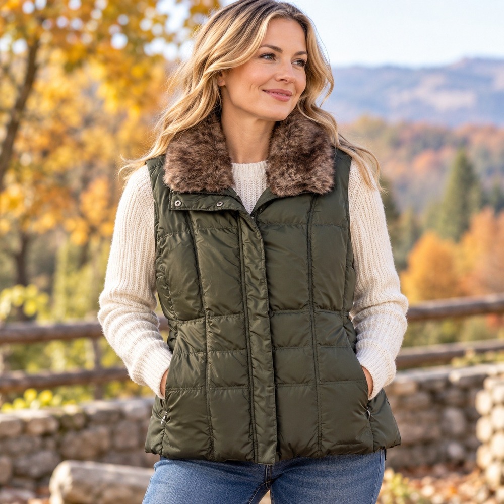 Eddie Bauer Premium Goose Down Vest Women's XL Olive Faux Fur Collar Puffer